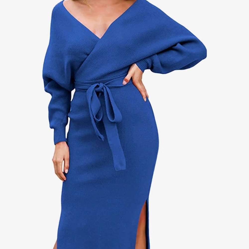 Blue Backless Midi Sweater Dress with Slit, Amazon